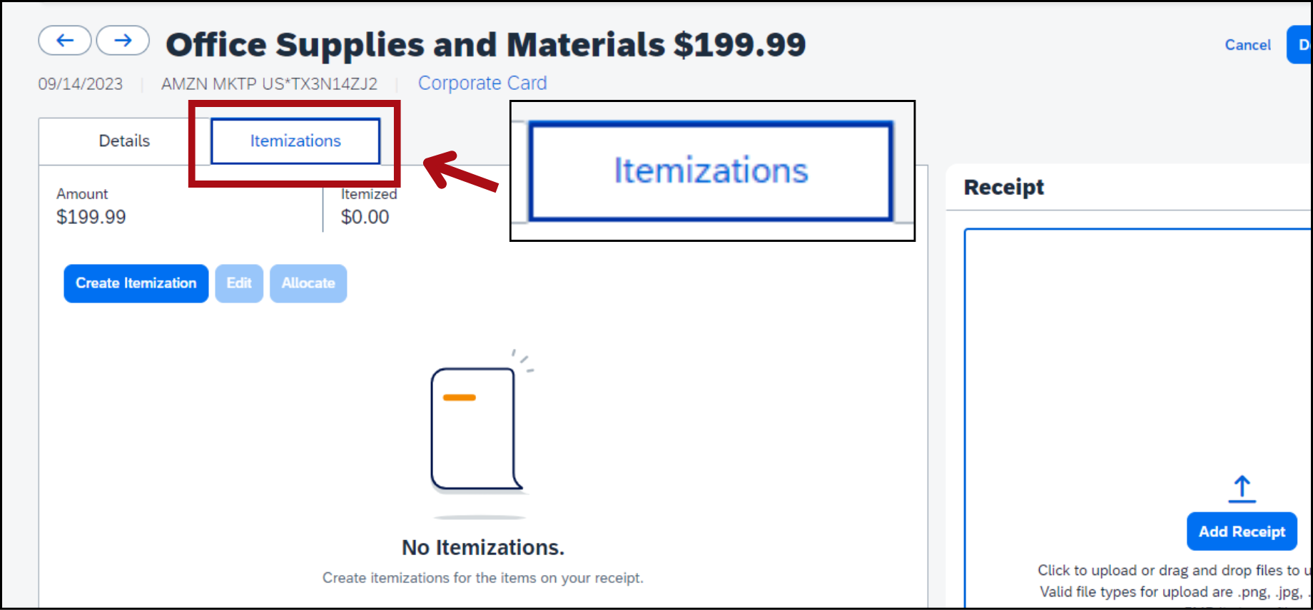 Screenshot of the expense data entry screen with an arrow pointing to the Itemizations tab