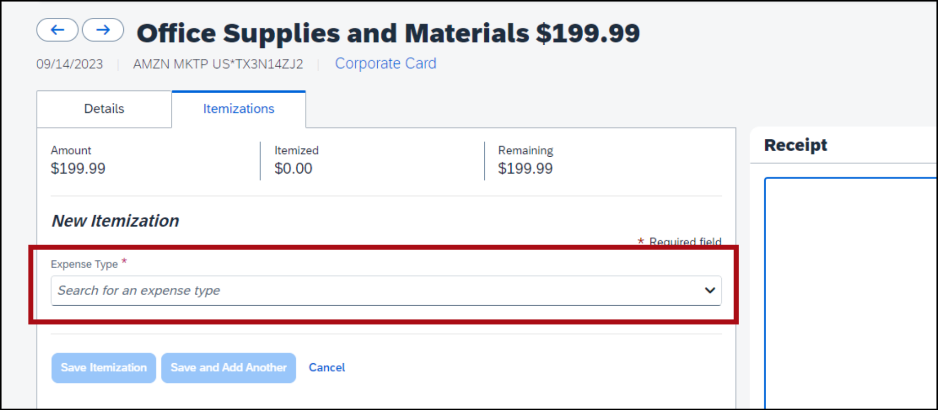 Screenshot of the Itemizations tab with a red rectangle highlighting the Expense Type field