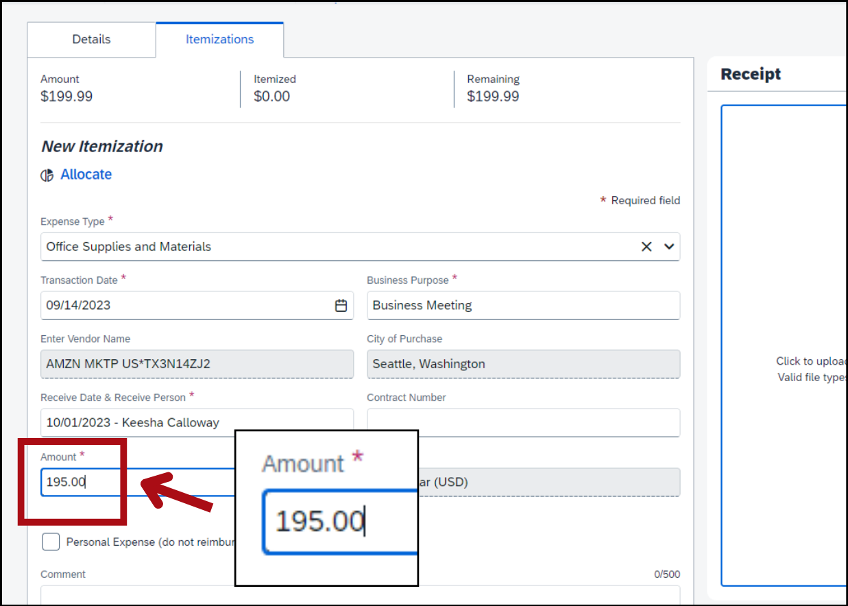 Screenshot of the Itemizations tab with an arrow pointing to the Amount field