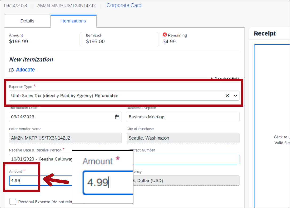 Screenshot of the Itemizations tab with a red rectangle highlighting the Expense type field and an arrow pointing to the Amount field