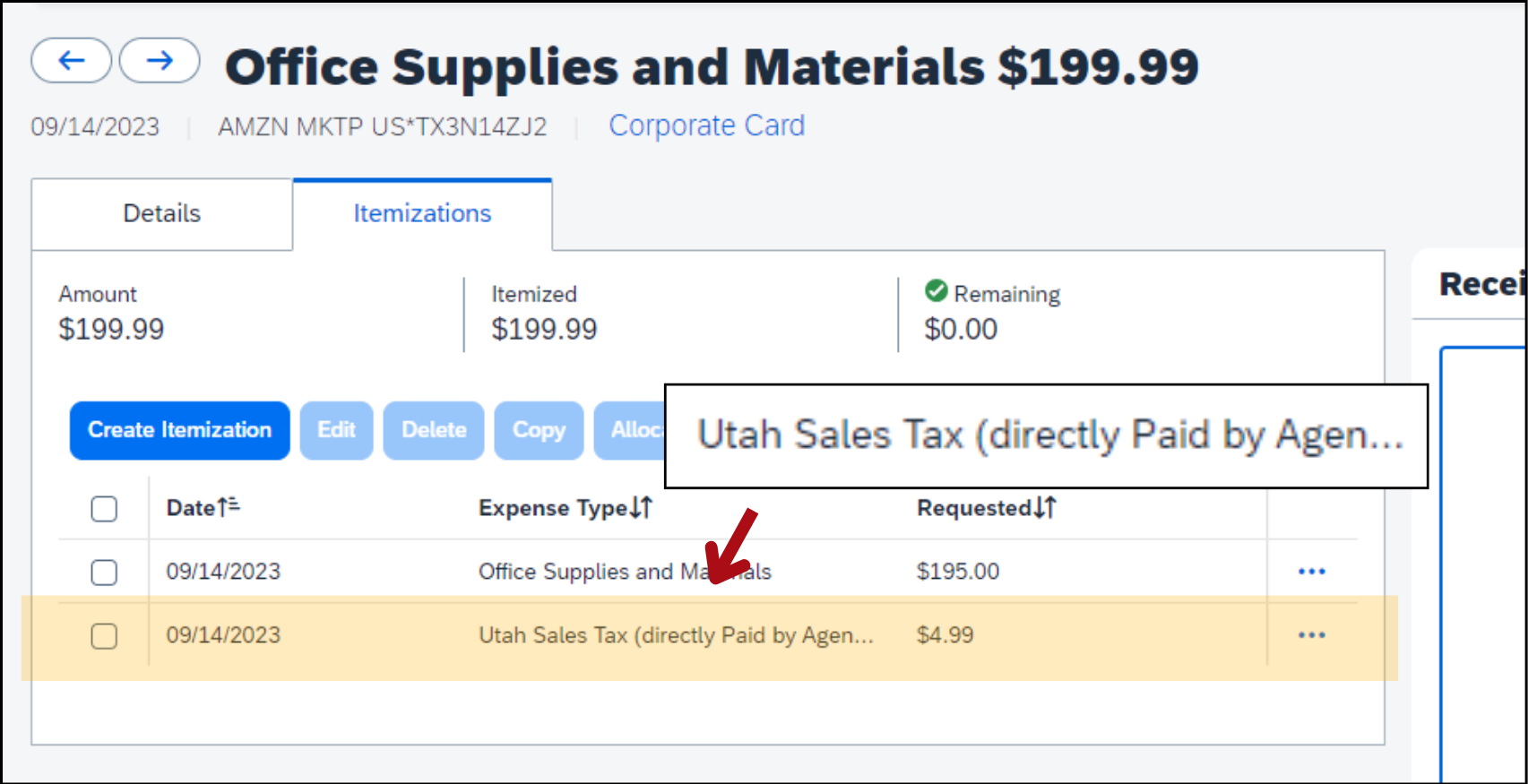 Screenshot of the itemizations tab with an arrow pointing to the itemization labeled Utah Sales Tax