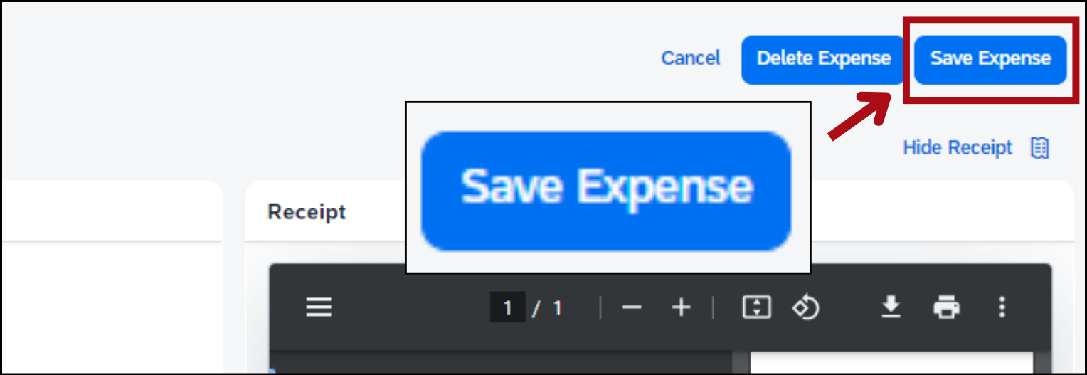 Screenshot of the expense data entry screen with an arrow pointing to the Save Expense button