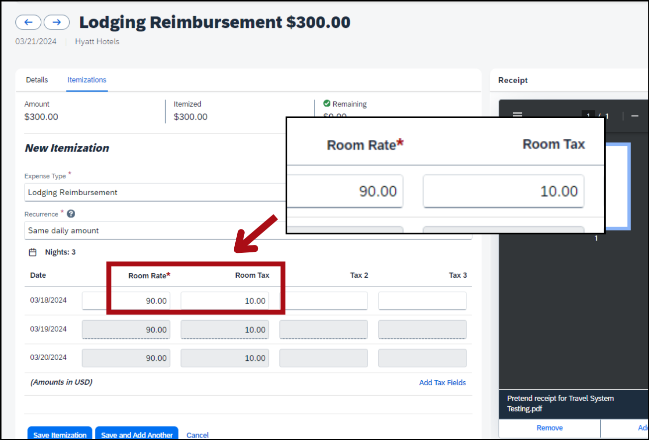 Screenshot of the Itemizations tab with a red rectangle highlighting the Room rate and Room tax fields