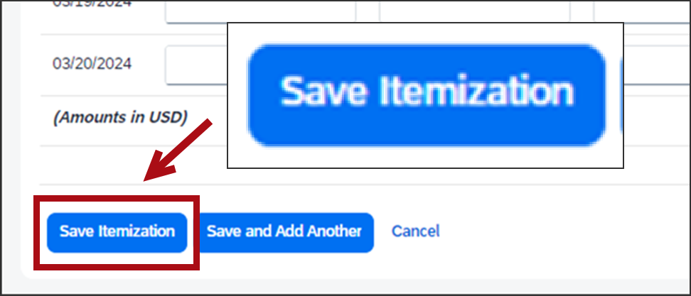 Screenshot of an arrow pointing to the Save Itemization button