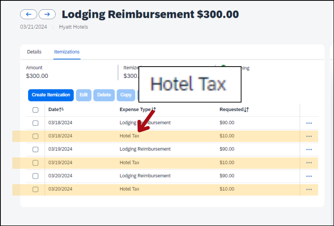 Screenshot of the Itemizations tab with an arrow pointing to the expenses labeled Hotel tax