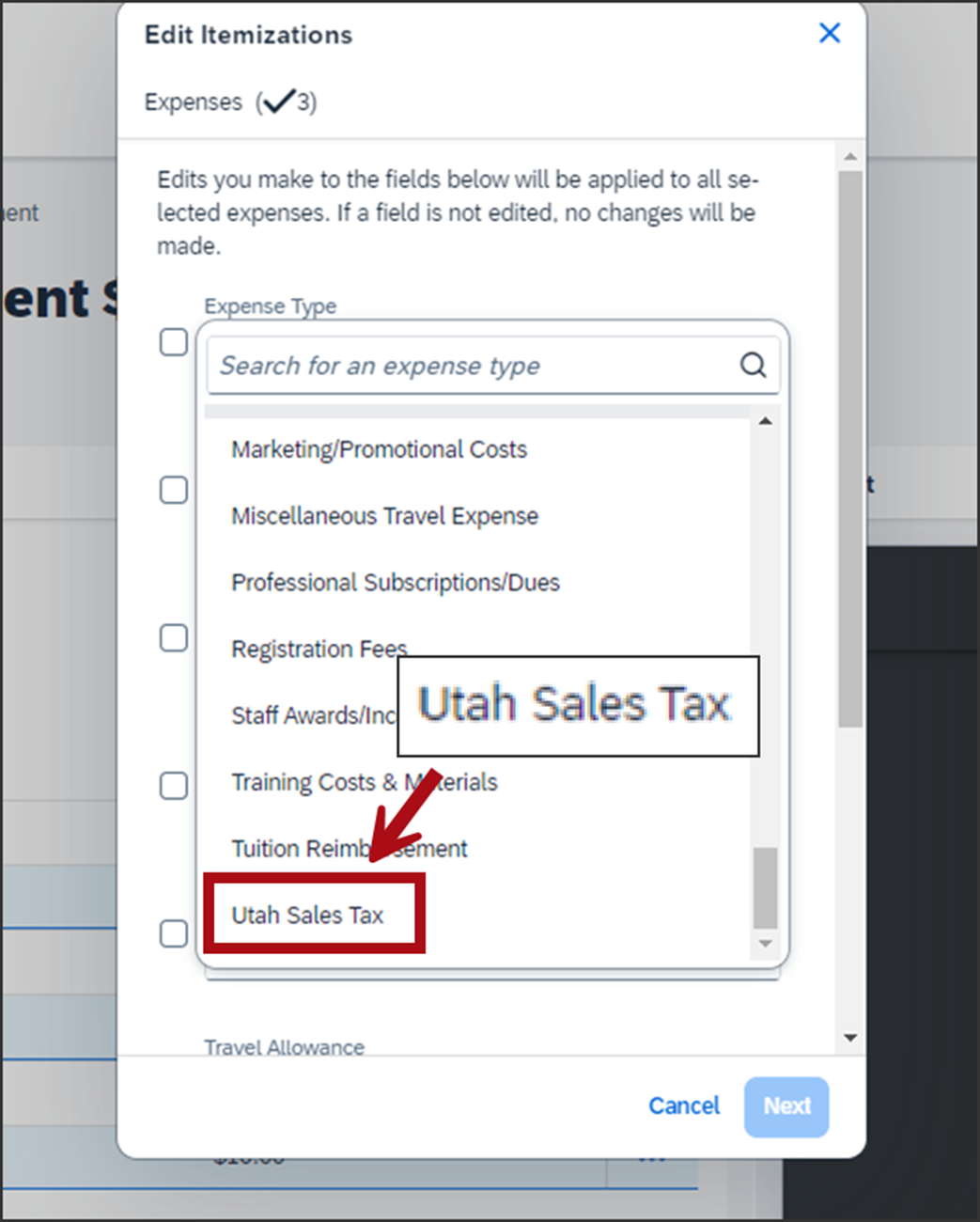 Screenshot of the Edit Itemizations window with an arrow pointing to the list item Utah Sales Tax